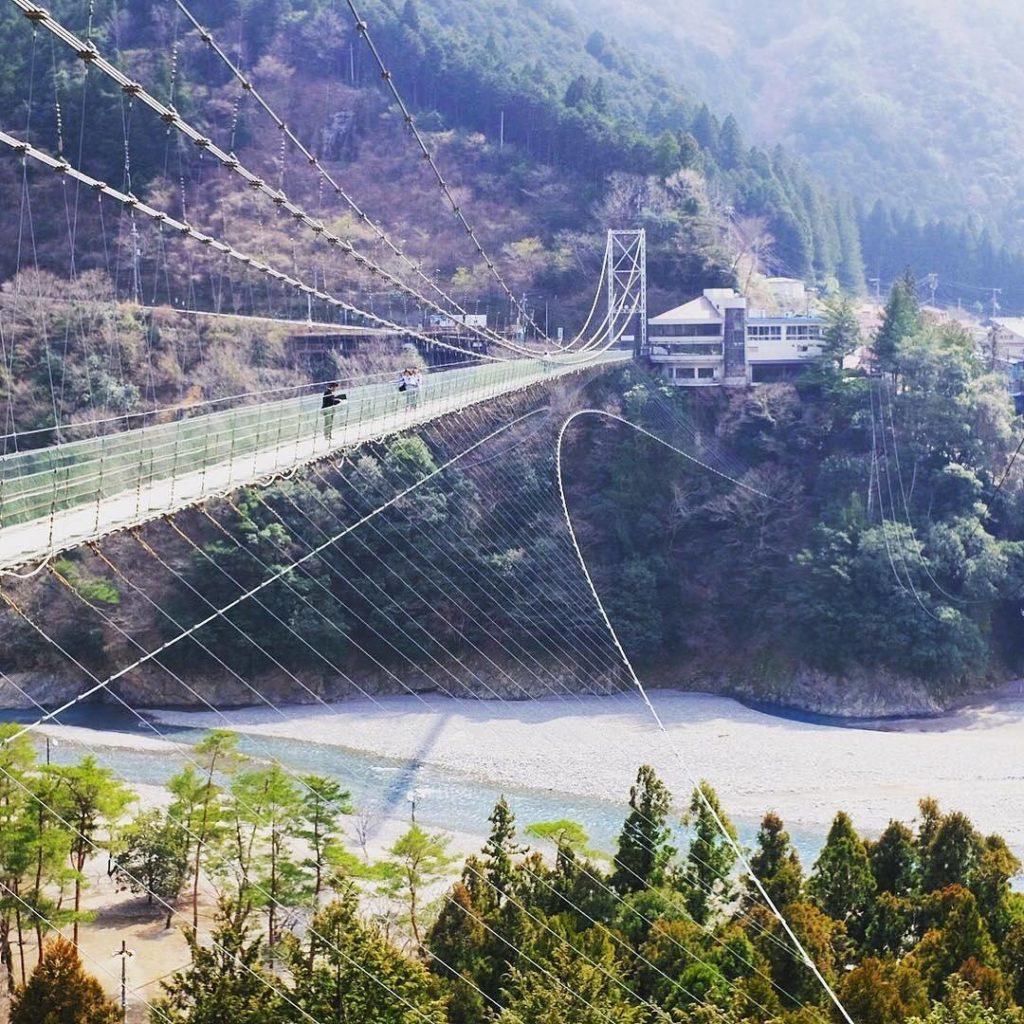 @Visit Japan: A shot of Tanize Suspension Bridge in Totsukawa village. The vast walking bridge…