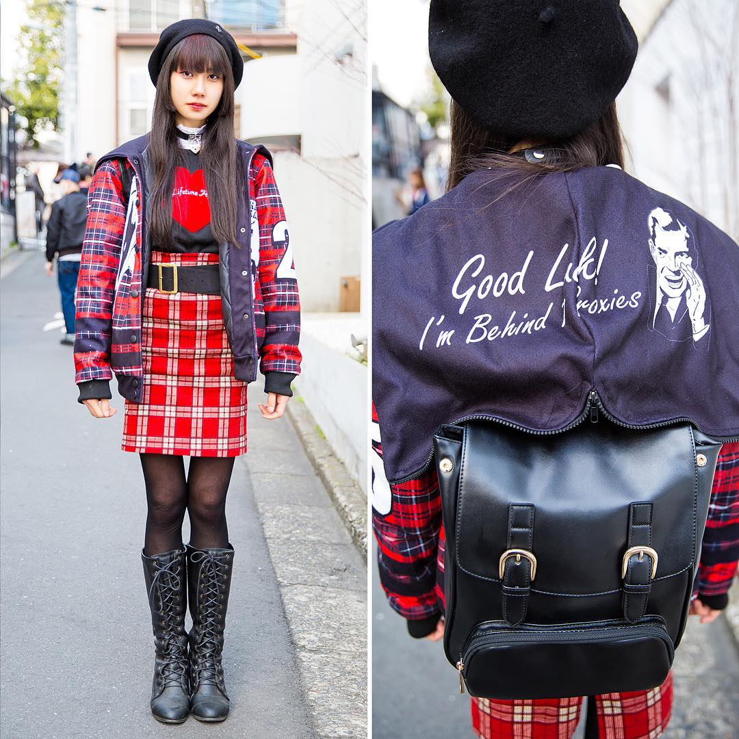 Tokyo Fashion 17 Year Old Aria On The Street In Harajuku Wearing A Plaid Look With A Jacket Th Alo Japan
