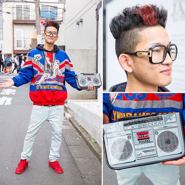 Tokyo Fashion: Japanese pastry chef @hippie_men_yp on the Hi Top Fade, Boombox Bag, Adidas Olympics Sweatshirt