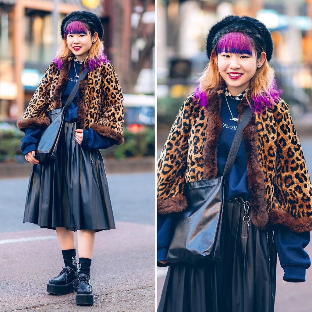 19-year-old Ai (@ai_ohno3104) on the street in Harajuku with purple and blue ban...
