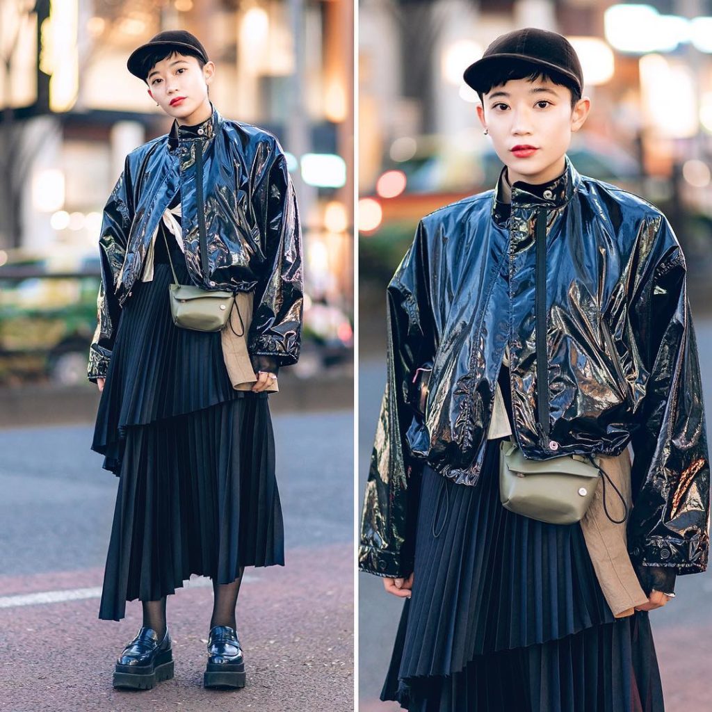 @Kurumi_Otsuka on the street in Harajuku wearing a shiny Phillip Lim cropped jac...