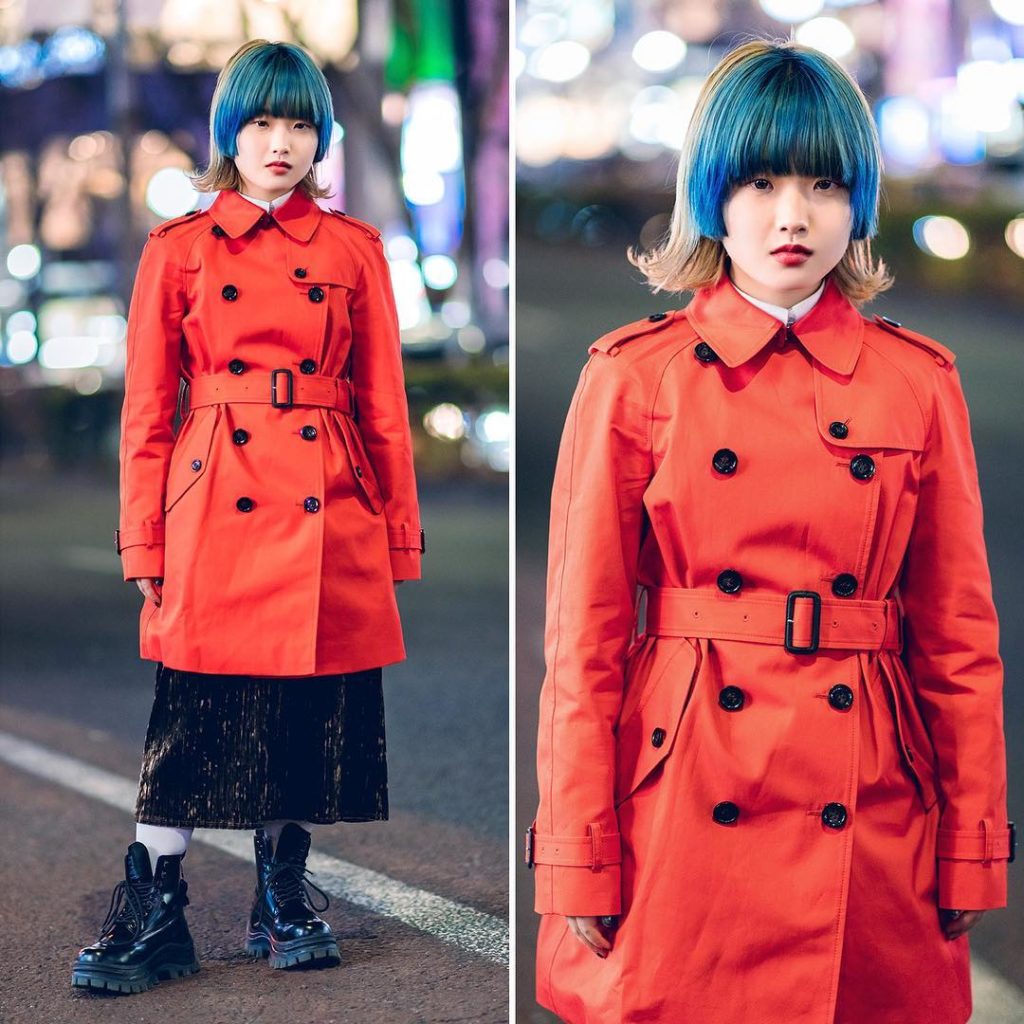 19-year-old Sakura (@sakurapon_k) on the street in Harajuku with a blue bangs ha...