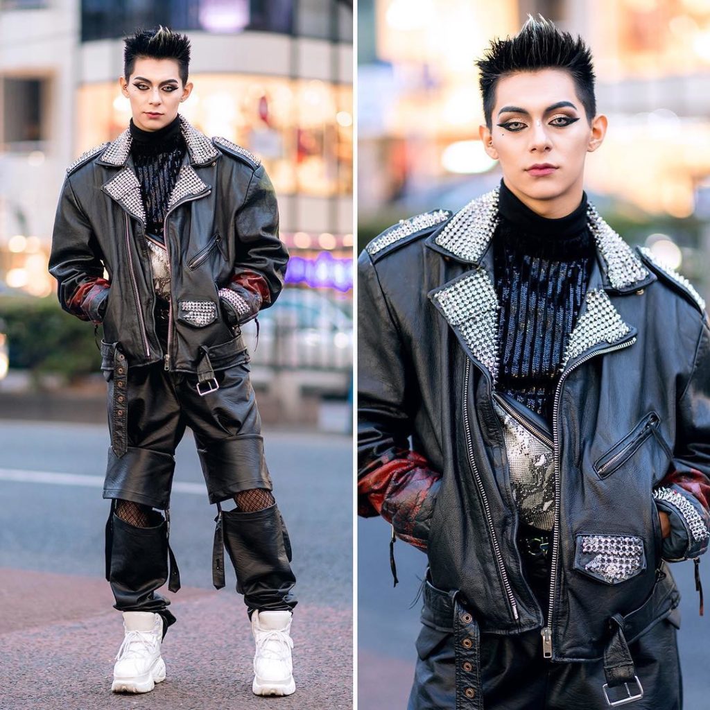 Dancer @Harris_iPride on the street in Harajuku wearing a vintage remake studded...