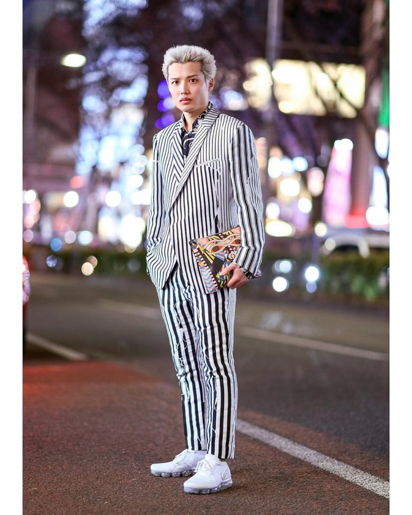 Japanese college student Shun (@madonna.77768) on the street in Harajuku wearing...