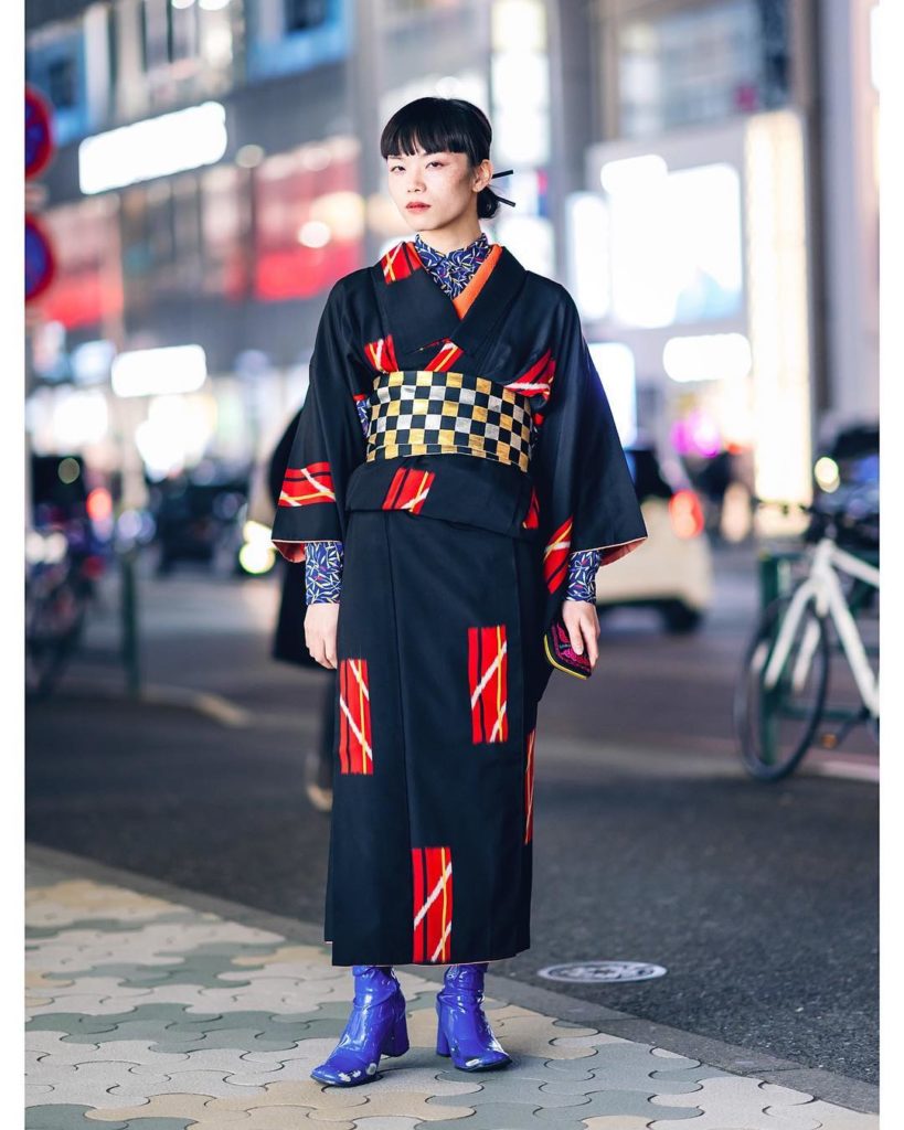 Japanese model @Yu_Ishizuka on the street in Harajuku wearing a vintage kimono a...