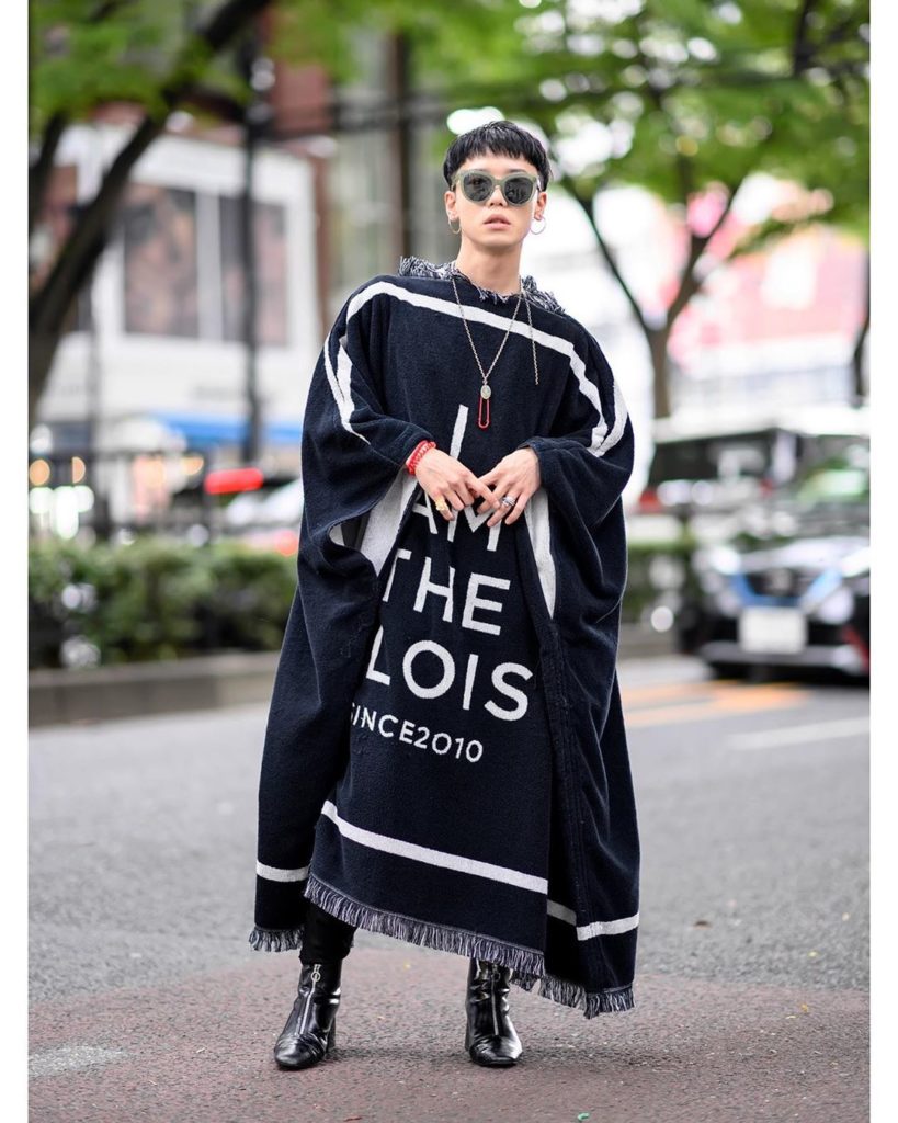 Japanese fashion designer S You (@send_by_s_you) on the street in Harajuku weari...