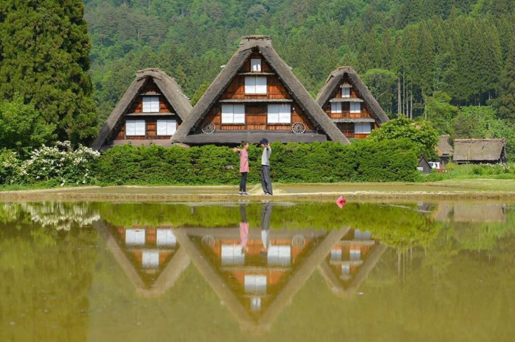 Gorgeous traditional farmhouses in Shirakawago reflected in the rice fields! 
Th...