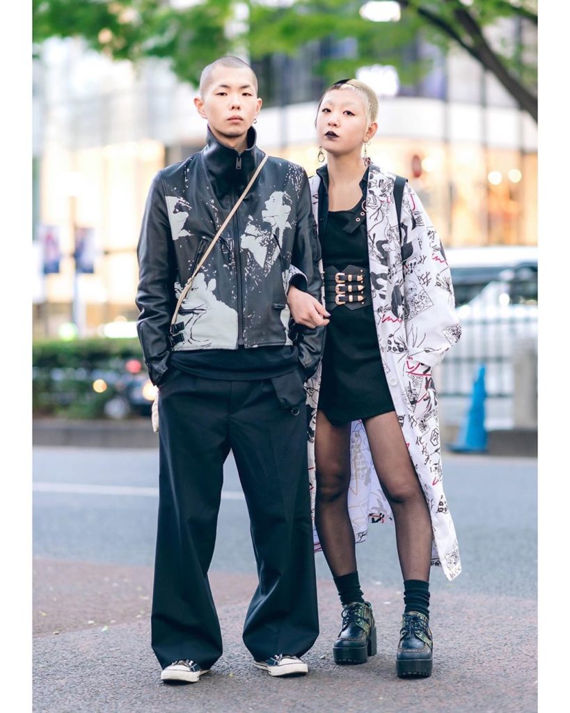 Yuta and Asuka (@kiwidesu96) on the street in Harajuku wearing monochrome fashio...