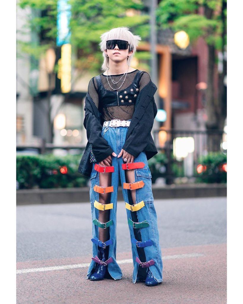 19-year-old Japanese fashion student Zaki (@17_pwo) on the street in Harajuku. H...
