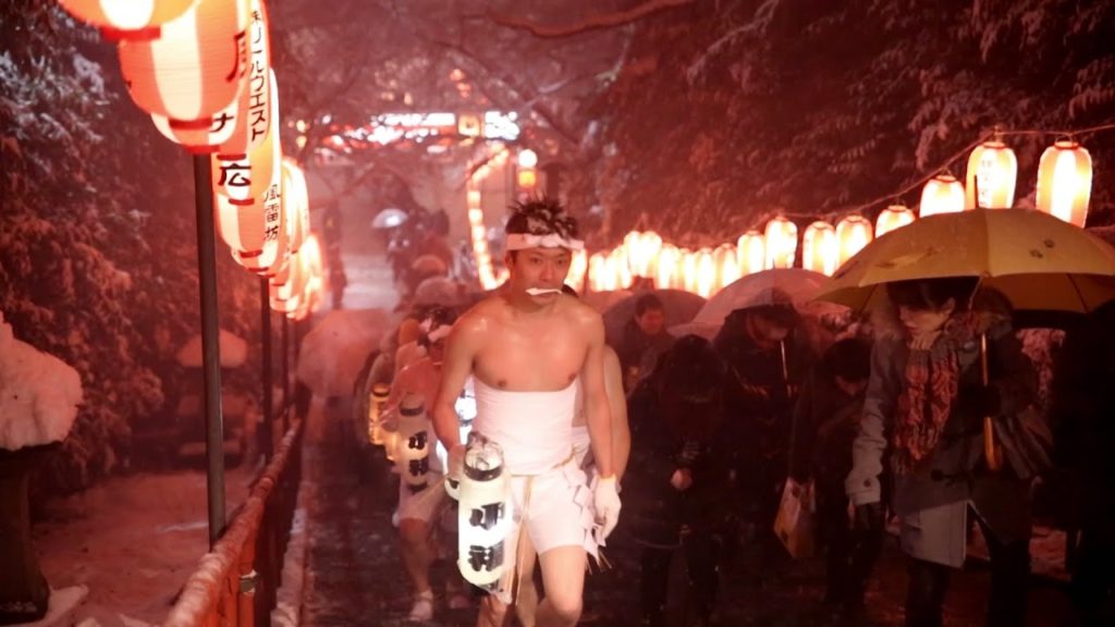 "Naked" pilgrims in blizzard—Sendai, Japan