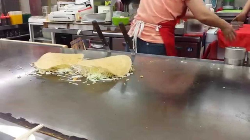 Okonomiyaki at Okonomi-mura, Hiroshima