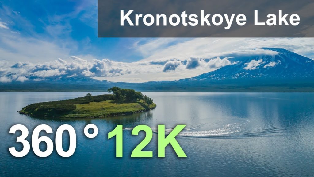 Kronotskoye Lake. The biggest lake of Kamchatka, Russia. Aerial 360 video in 8K