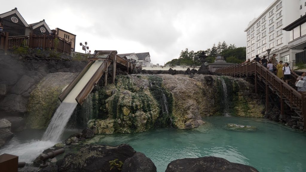 【4K】Walking in Kusatsu - town of onsens (hot water streams)