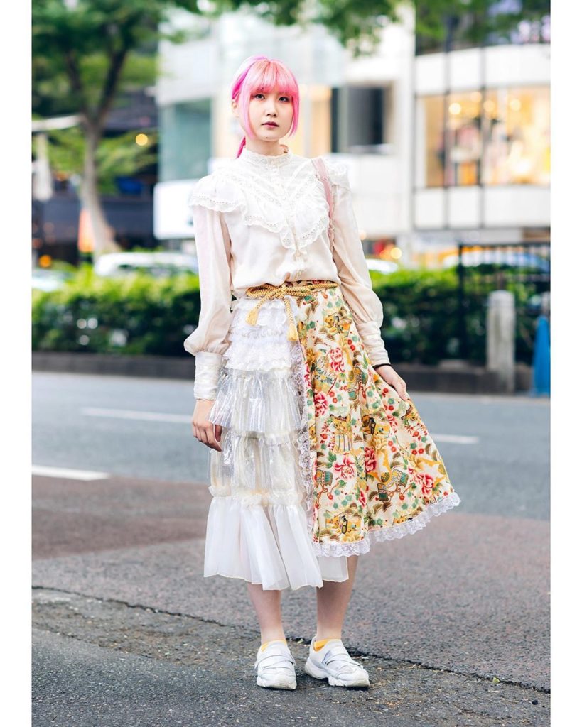 Japanese fashion student Fuka (@ate___me___) on the street in Harajuku wearing a...