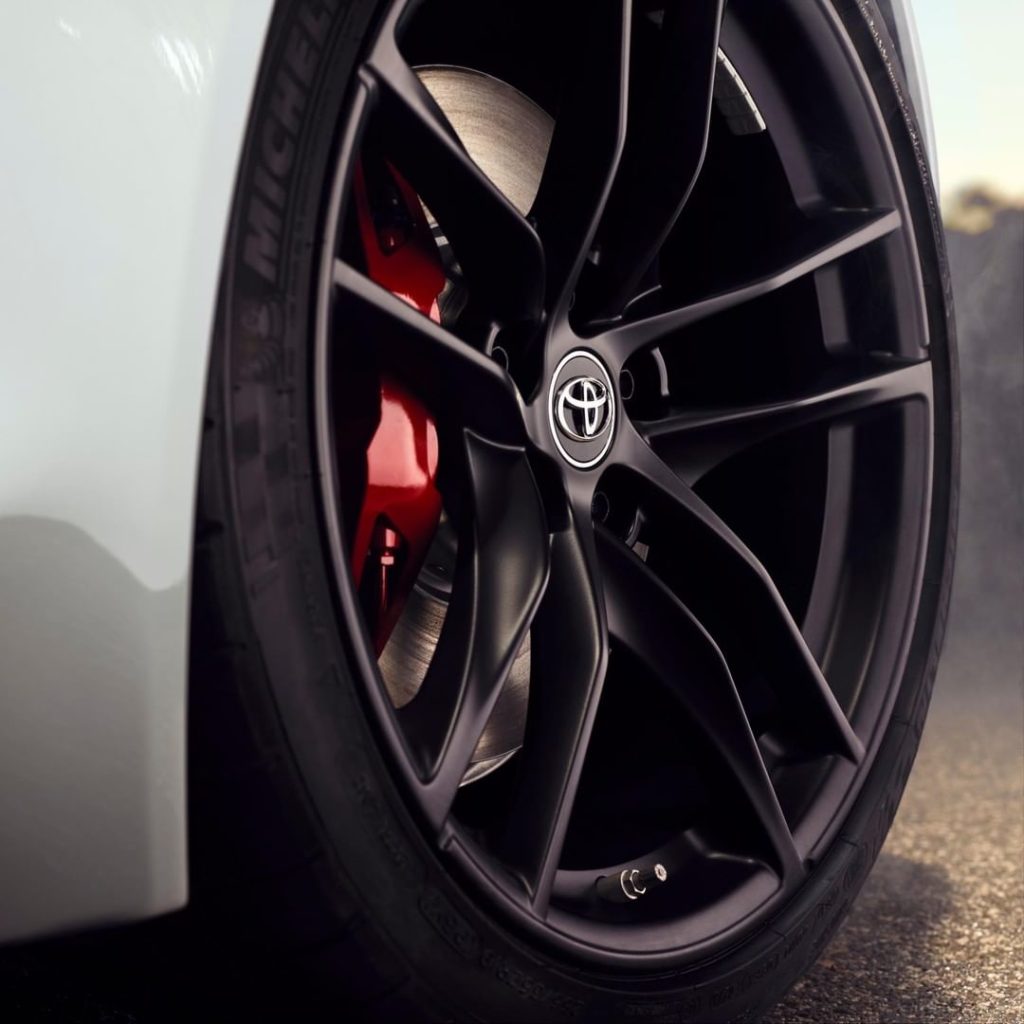 GR Supra’s 19-in. wheels are constructed from forged billet aluminum, offering l...