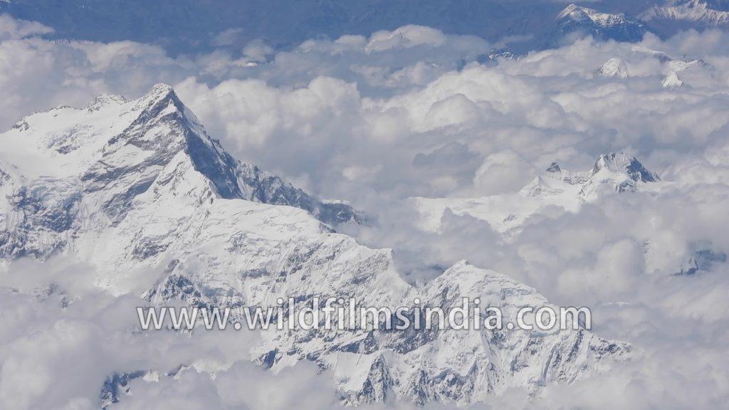 Everest massif filmed from 32, 000 feet altitude, peaks of central Nepal Himalaya