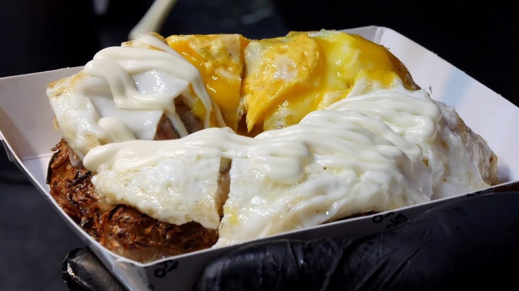 cheese bacon egg fried pancake - okonomiyaki / korean street food