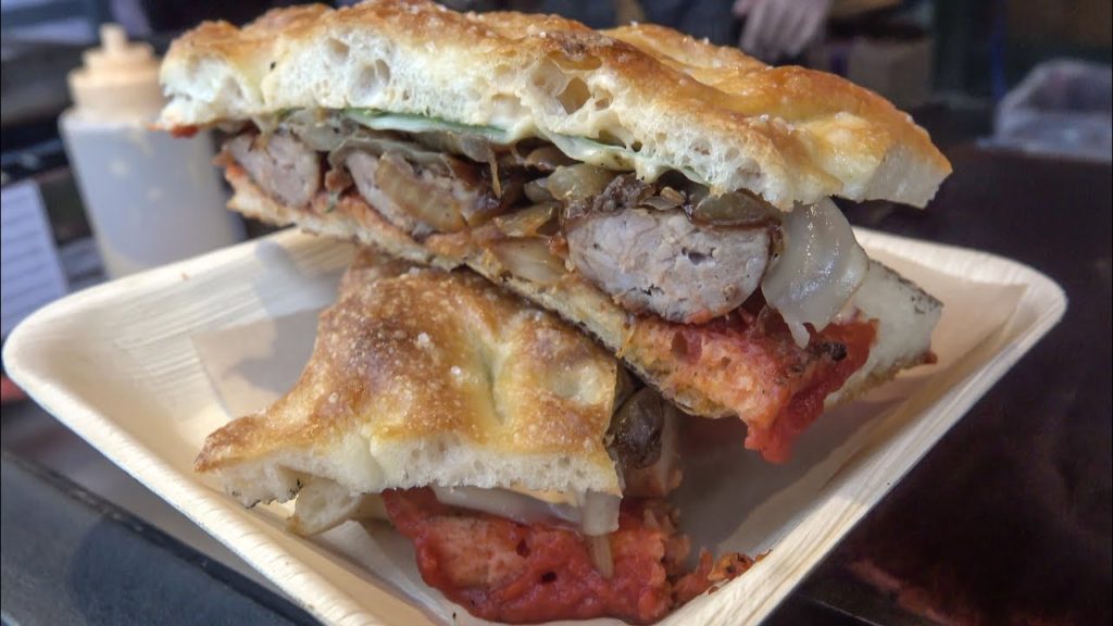 Italian Sausages in a Huge Focaccia Sandwich. London Street Food