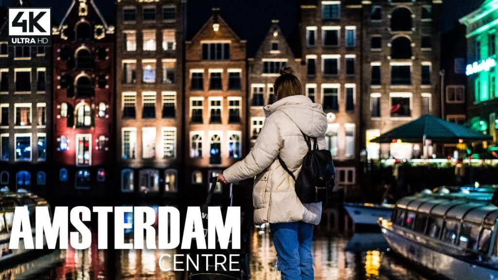 【4K】Walking in AMSTERDAM at Night  | Binaural City Sounds | ASMR