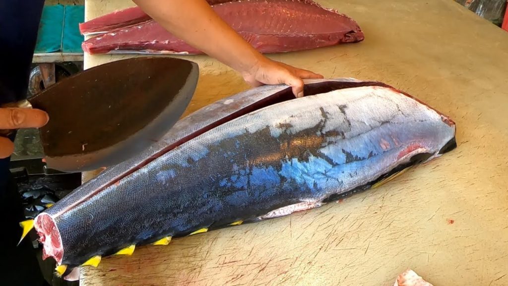 Tuna fish fillet cutting for Sashimi meal - Taiwanese Street Food
