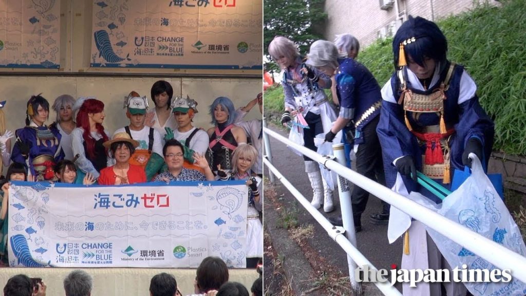 Cosplayers clean the streets at Umigomi Zero in Tokyo Tower
