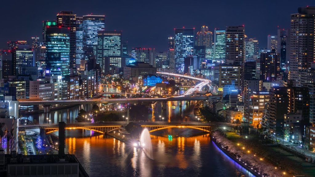 水都大阪 中之島の夜景 OMMビル屋上スカイガーデン 微速度撮影 Night View of Osaka Nakanoshima from OMM Building Sky Garden Japan