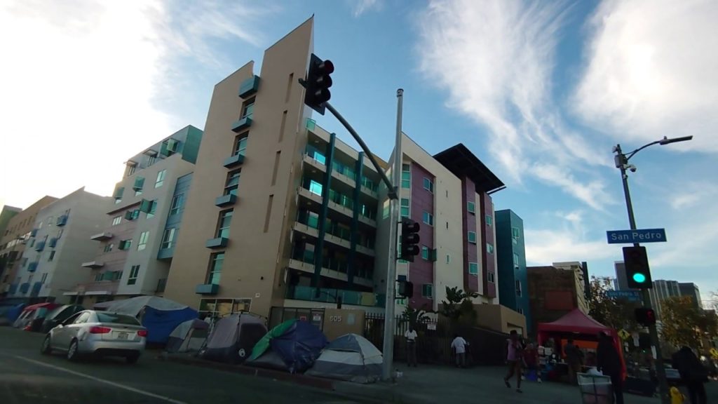 Driving near downtown Los Angeles Little Tokyo and nearby Homeless Tents 2020 January 8