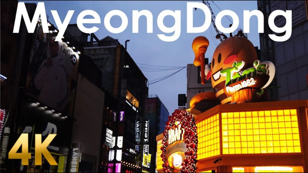 4k Seoul Korea walk video : MyeongDong tour 명동 明洞 street food tour Christmas City Sounds  treadmil