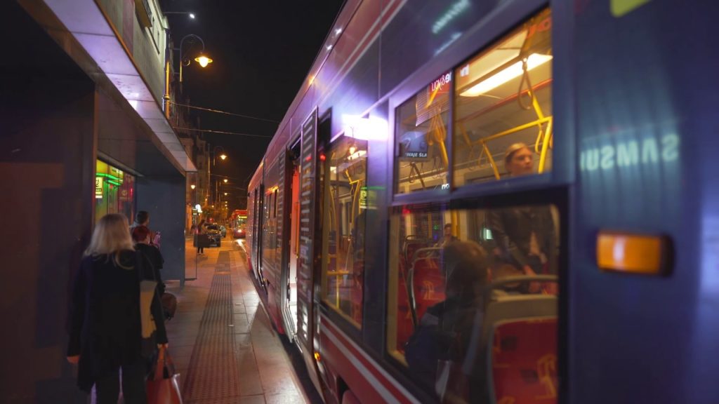 Poland, Katowice, tram 7 night ride from Dworzec PKP to Koszutka Słoneczna