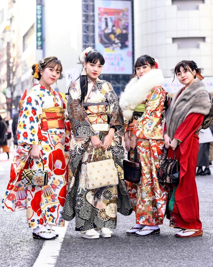 Traditional Japanese furisode kimono on the streets of Shibuya, Tokyo on Japan’s...
