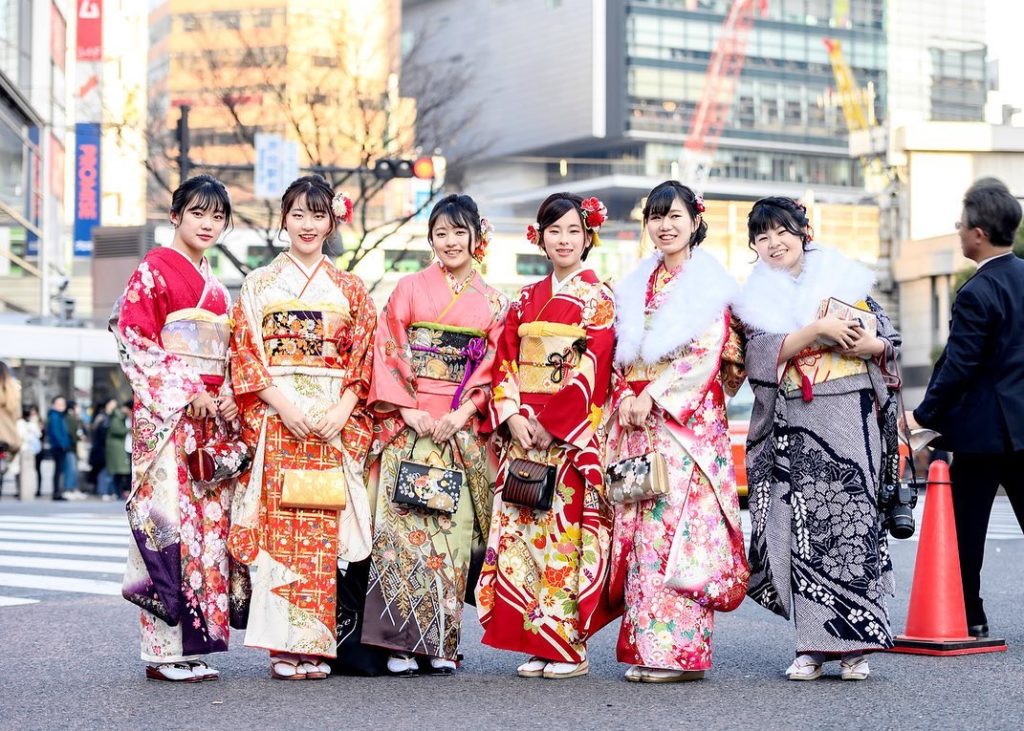 Japanese ceremonial kimono on the streets of Shibuya, Tokyo on Japan’s Coming Of...