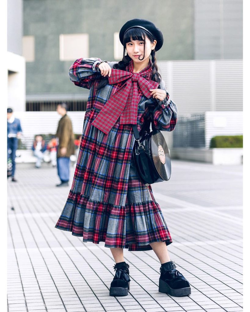 17-year-old Heart on the street in Tokyo wearing a plaid bow dress by the Japane...