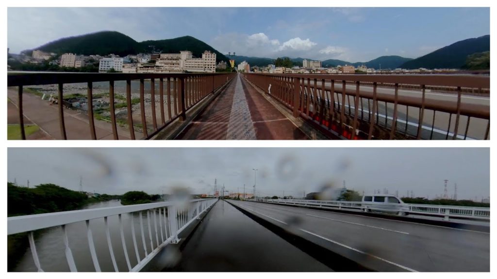 Biking in raining Japanese country road/sunny Onsen street