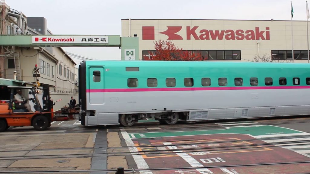 A Shinkansen car being moved in the factory of Kawasaki Heavy Industry