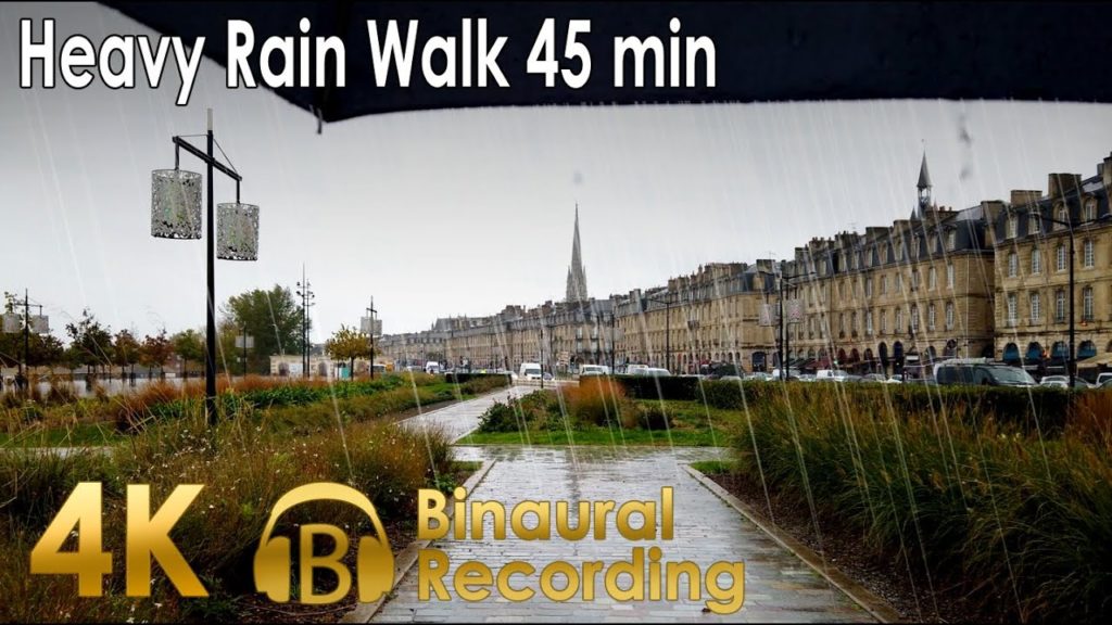Rain walk 45min Bordeaux 4k France / docks Quincinces / 빗소리Binaural asmr rain tapping umbrella sound