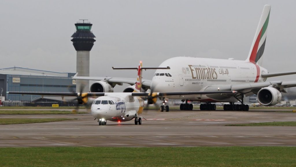 Emirates A380 Vs Aurigny ATR72-600 at 23L departing Manchester Airport
