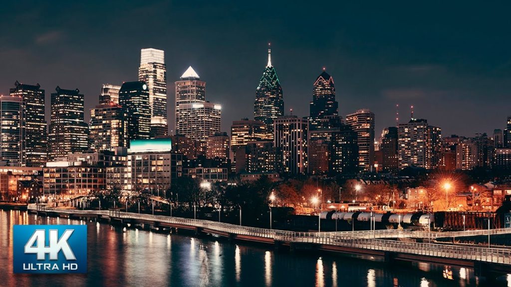 4K video Walking in the Rain, Downtown in Philadelphia. 4K Stereo city Sounds
