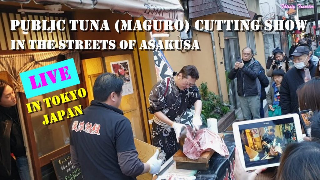 Public Tuna Cutting Show for the coming New Year 2020 in the streets of Asakusa, Japan (Japan Food)