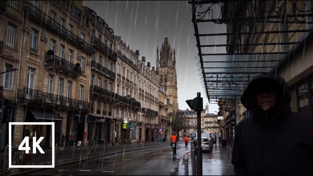 Walking in heavy rain stormy morning France Binaural Rain walk Umbrella Sounds in Bordeaux 4k ASMR