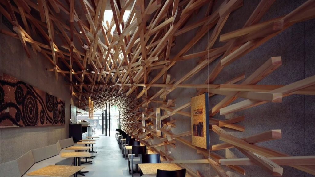 Wooden Starbucks Interior Design in Fukuoka