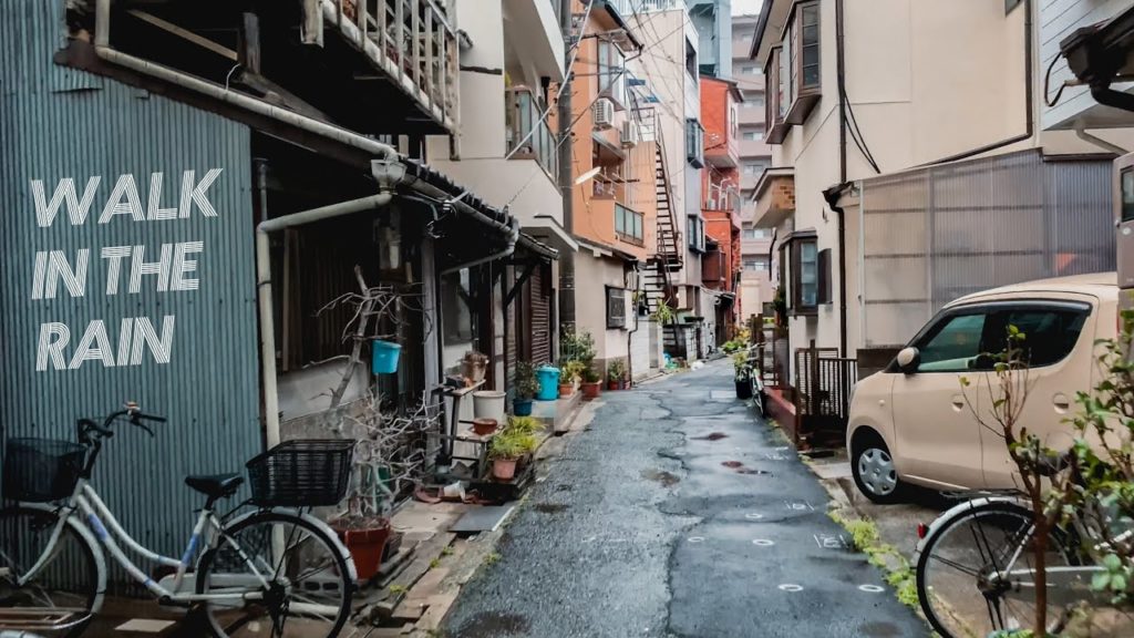 Walk in the rain though isolated neighborhoods in Osaka, Japan