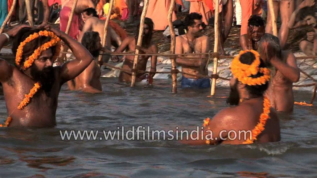 Naga sadhus taking holy dip on river Ganges: Kumbh mela Naga sadhus taking holy dip on river Ganges: Kumbh mela