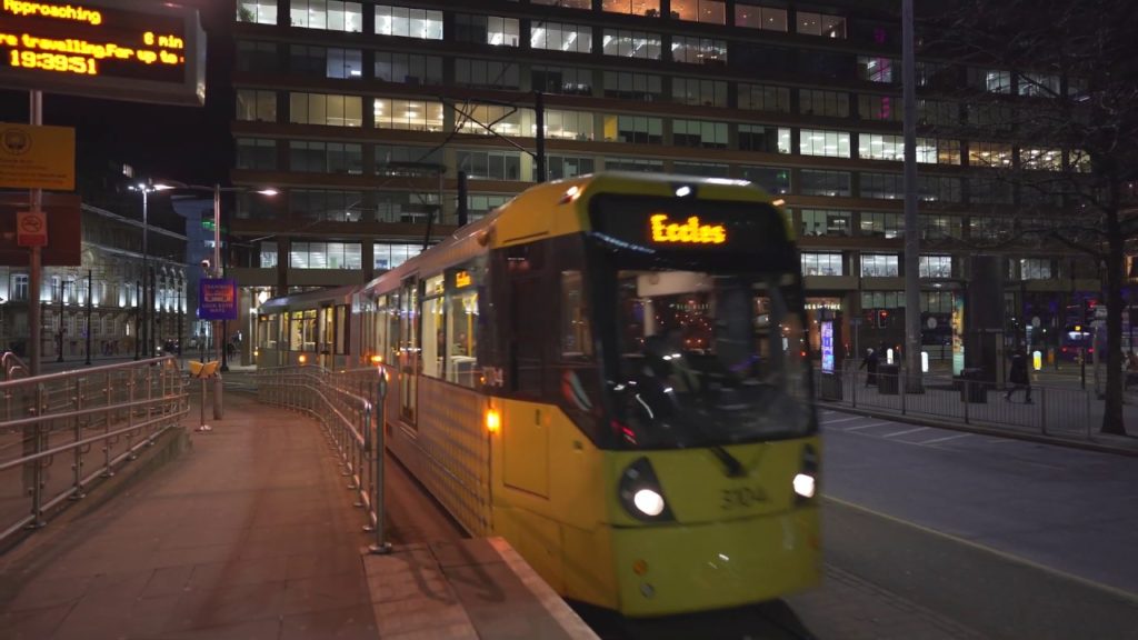 United Kingdom, Manchester, tram night ride from Piccadilly Gardens to Cornbrook