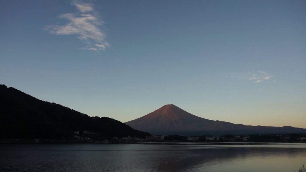 Gorgeous view of Mount Fuji at dusk from Hakone hotel on Lake Kawaguchi