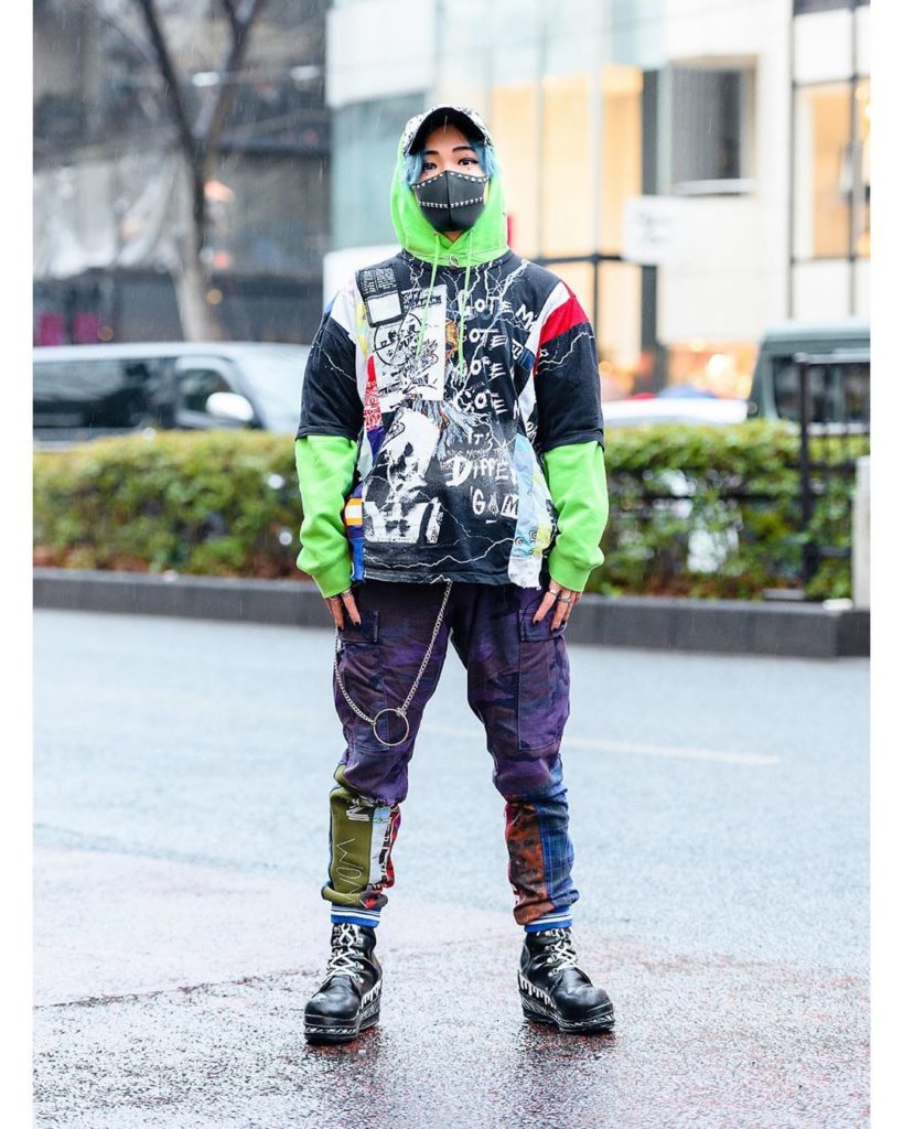 Japanese artist Shiryu (@shiryupondan) on the street in Harajuku wearing a graph...