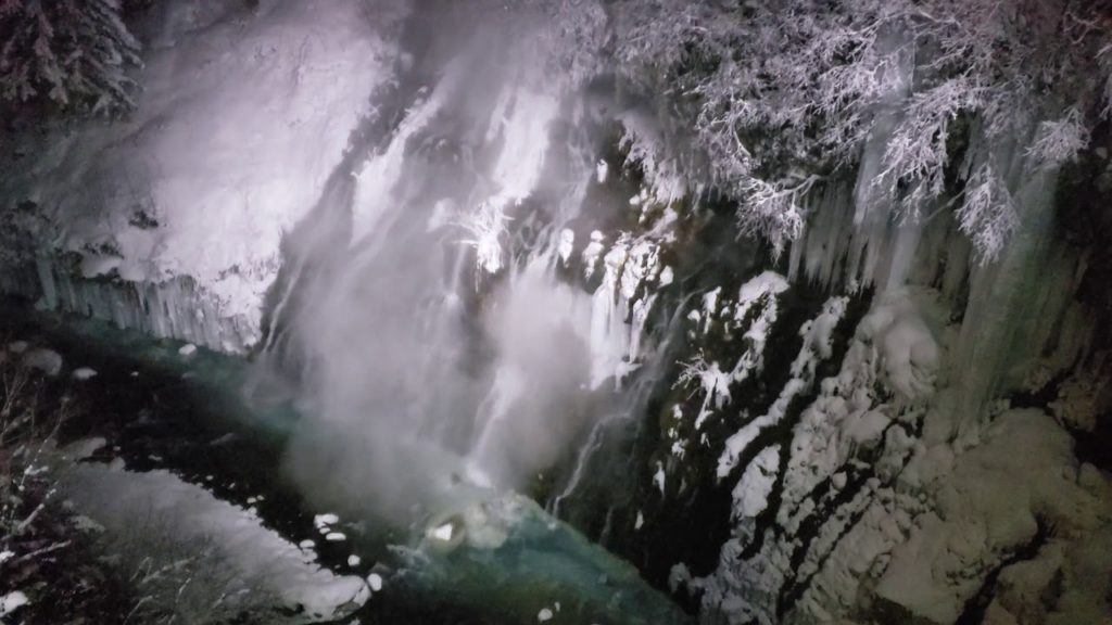 Japan Hokkaido Biei Shirahige Waterfall Winter Night View (4K)
