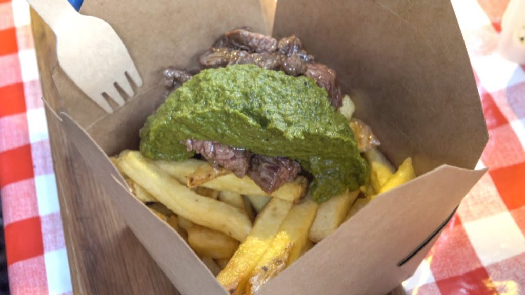 Beef, Chips and Chimichurri Sauce. London Street Food, Greenwich Market