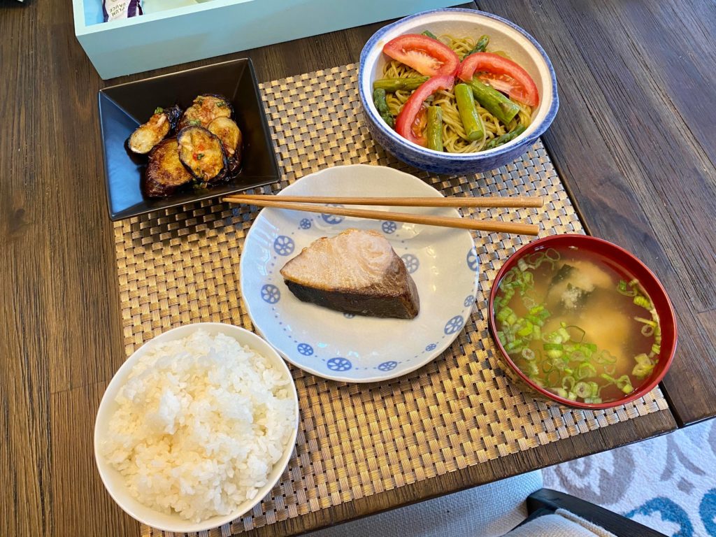 Buri, nasu tobanjan and soba noodle salad.