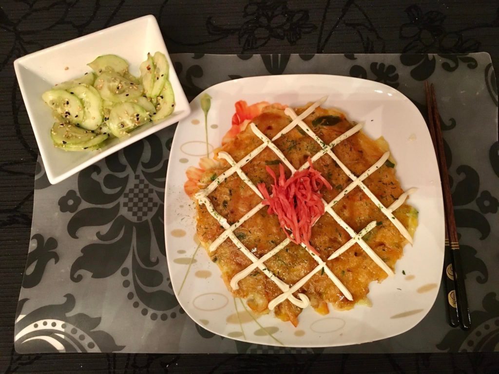 Okonomiyaki and cucumber salad with sesame seeds- it was really tasty :)