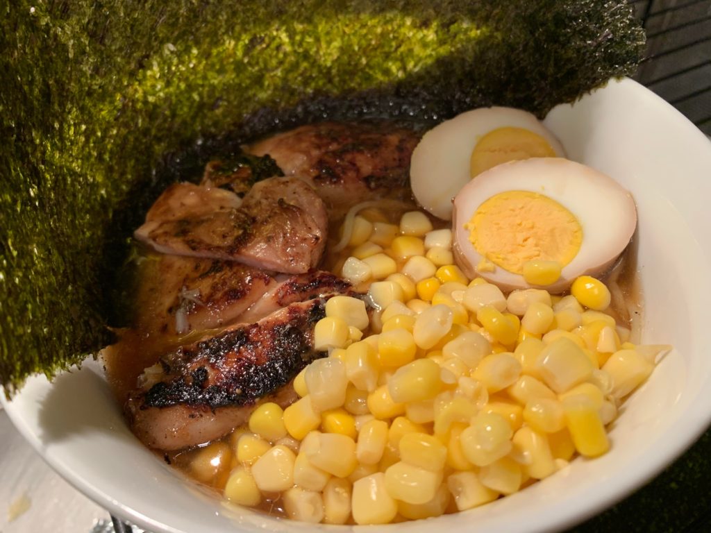 Homemade shoyu ramen w miso chicken & sweet corn